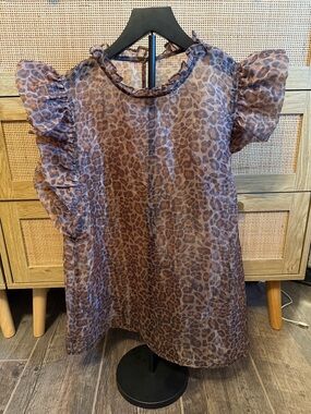 Ruffle Sleeve Leopard Print Blouse - Brown